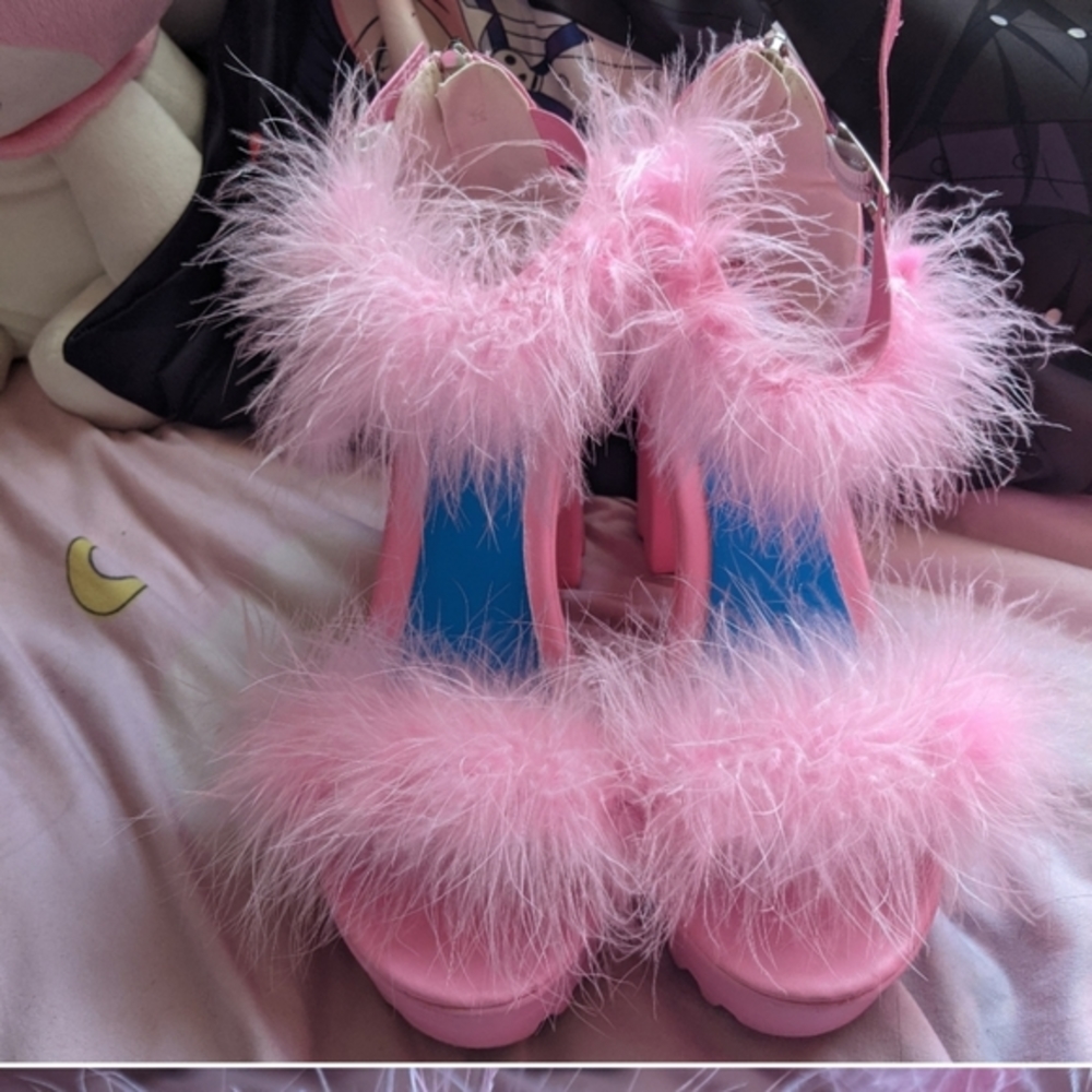 Pink Fluffy feather high chunky heels sandals opened toe